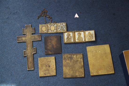 A group of 19th century and later Russian brass and champleve icons, crucifix 11in.